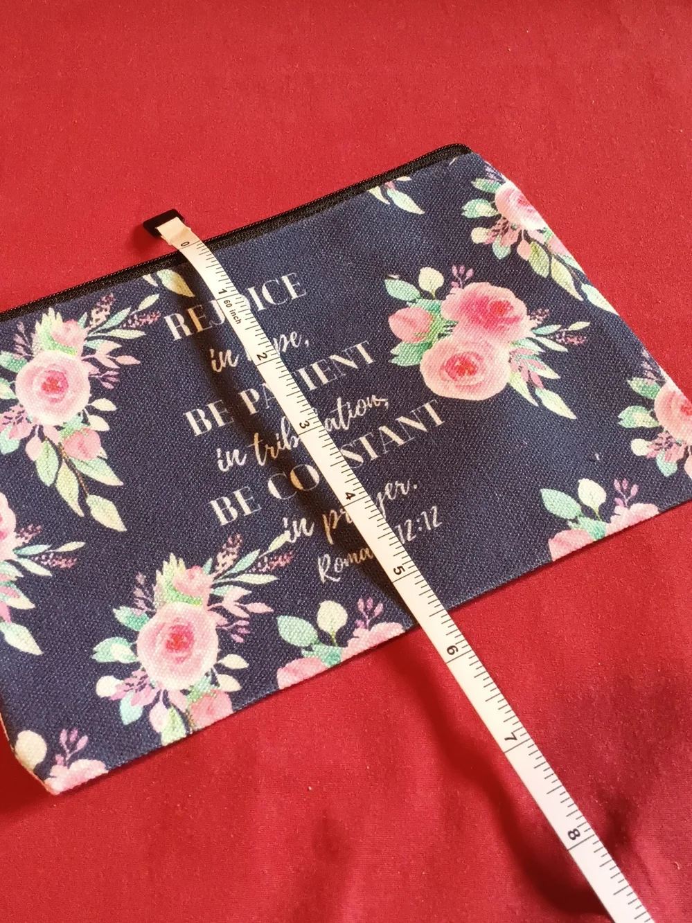 Rejoice Floral Canvas Cosmetic Bag - Navy with Pink Roses